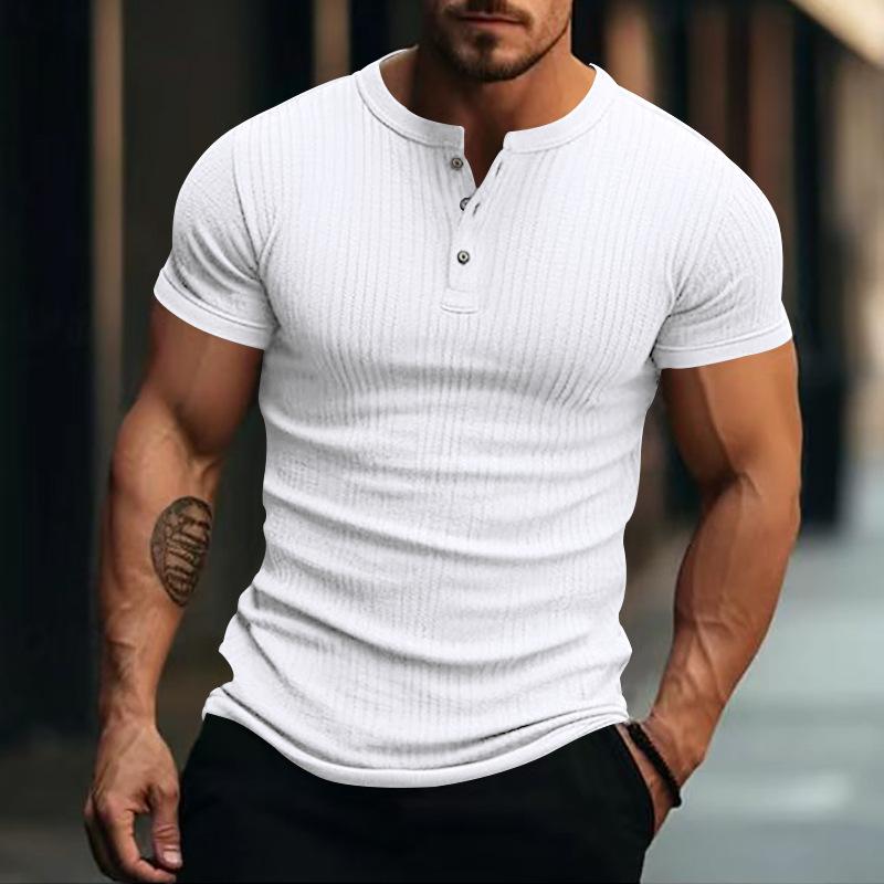 T-shirt Henley à manches courtes en tricot extensible décontracté pour hommes 00095453X