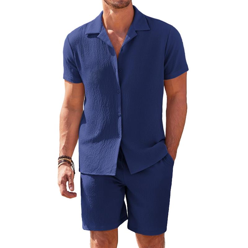 Men's Cotton And Linen Lapel Short-Sleeved Shirt And Shorts Set 75926866Y