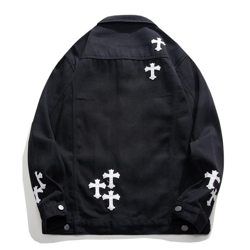 Men's Fashion Cross Patch Lapel Single Breasted Denim Jacket 84136194M