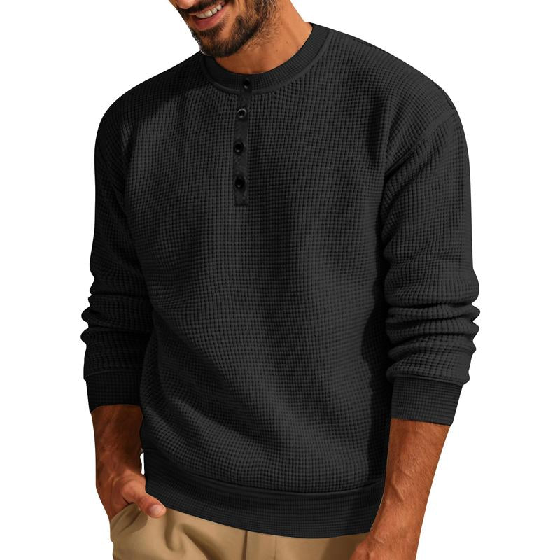 Men's Loose Crew Neck Waffle Henley Sweatshirt 92516898X