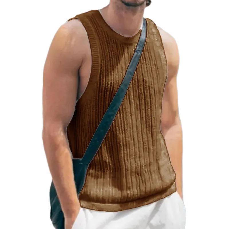 Men's Casual Round Neck Thin Hollow Knitted Tank Top 83397634M