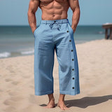 Men's Casual Solid Color Cotton Linen Multi-Button Cropped Pants 17860007M