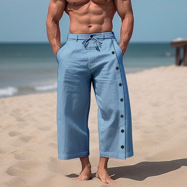 Men's Casual Solid Color Cotton Linen Multi-Button Cropped Pants 17860007M