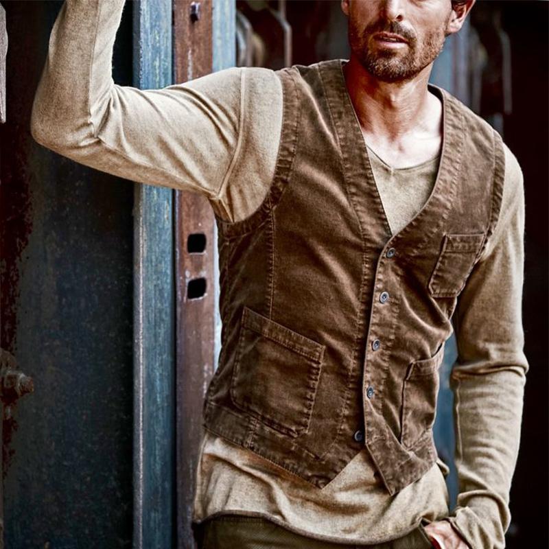 Men's Vintage Distressed Denim V-Neck Vest 96068505U