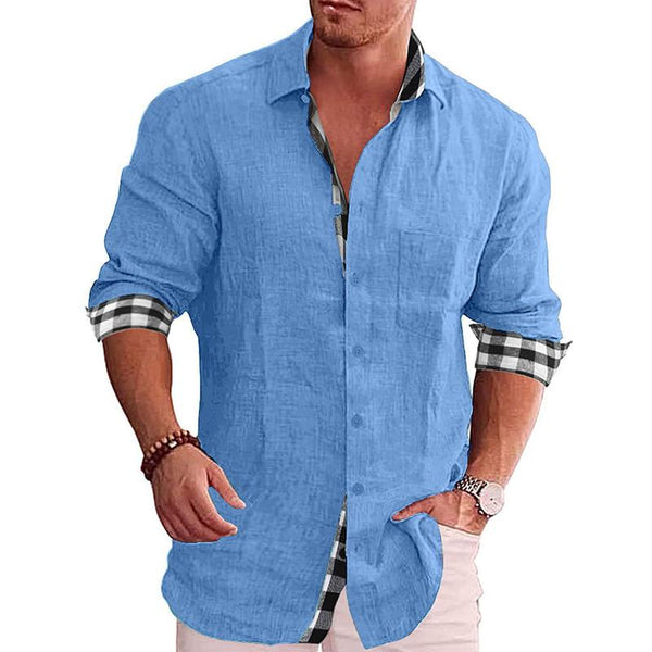 Men's Casual Plaid Printed Stitching Lapel Long Sleeve Shirt 73016568Y