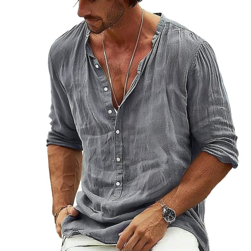 Camisa informal de algodón y lino con cuello alto y manga larga para hombre 85205184M