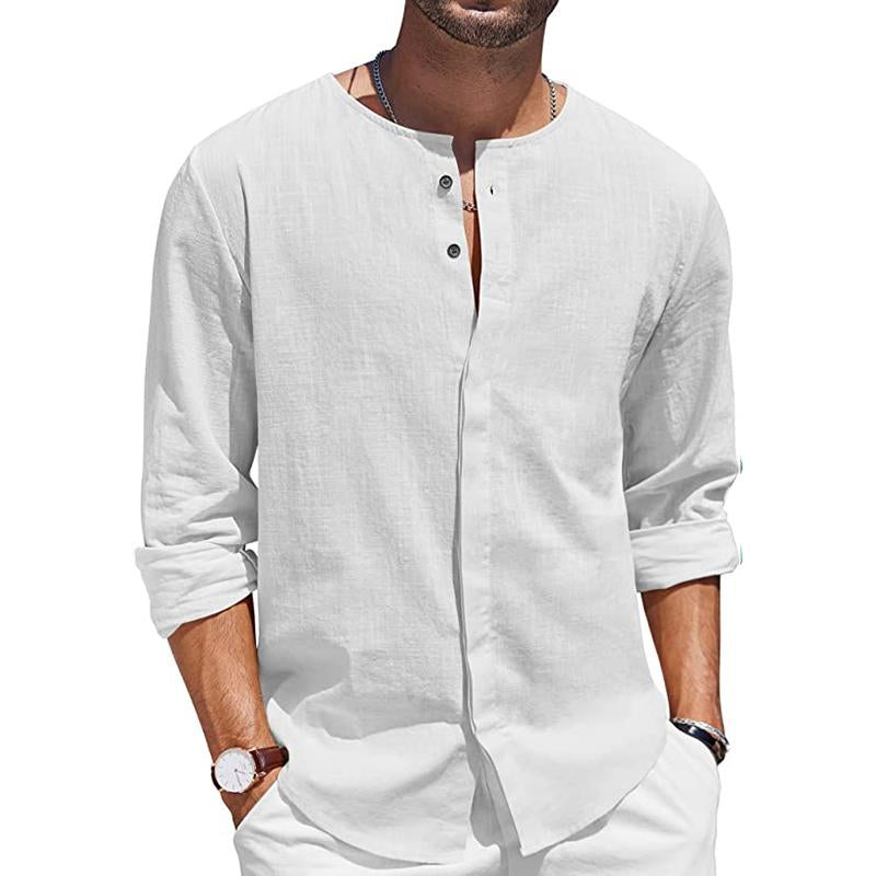 Men's Casual Round Neck Cotton Linen Long Sleeve Shirt 07577919M