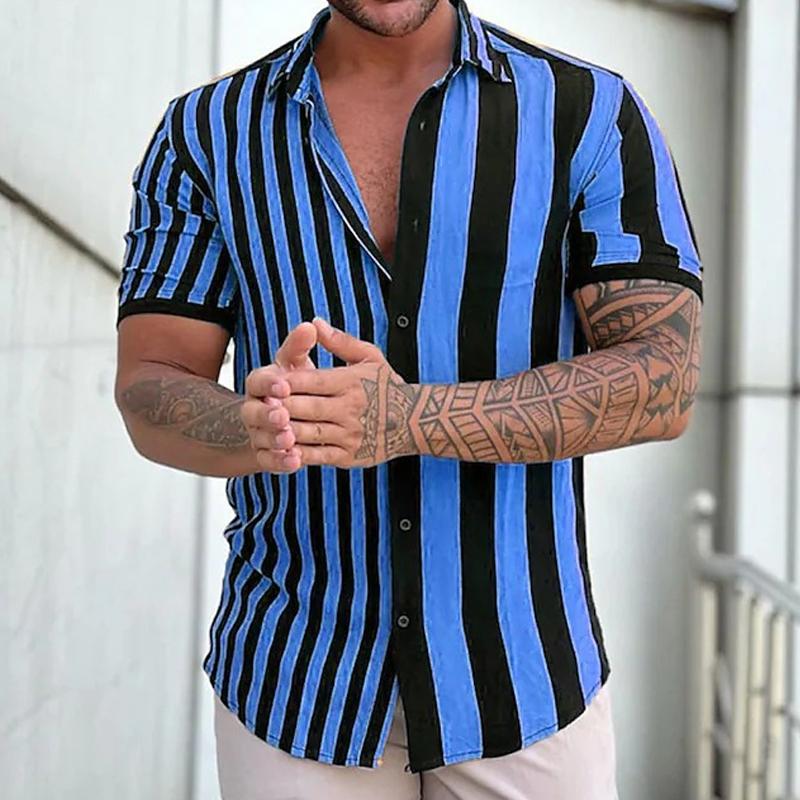 Men's Striped Print Short Sleeve Lapel Shirt 02939652X
