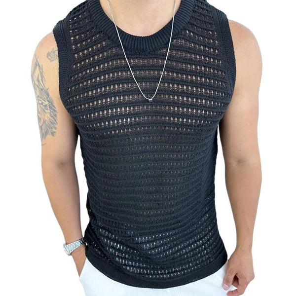 Men's Casual Round Neck Solid Color Slim Hollow Knit Tank Top 80825404M