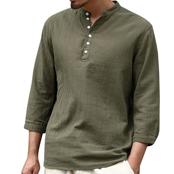 Men's Casual Solid Color Three Quarter Sleeve Henley Collar Cotton Linen Shirt 42265025M