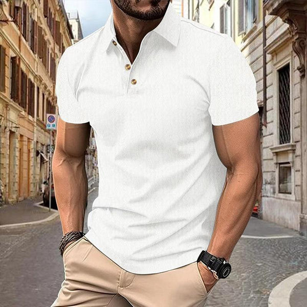 Men's Solid Textured Fabric Lapel Short Sleeve Polo Shirt 94066834Z