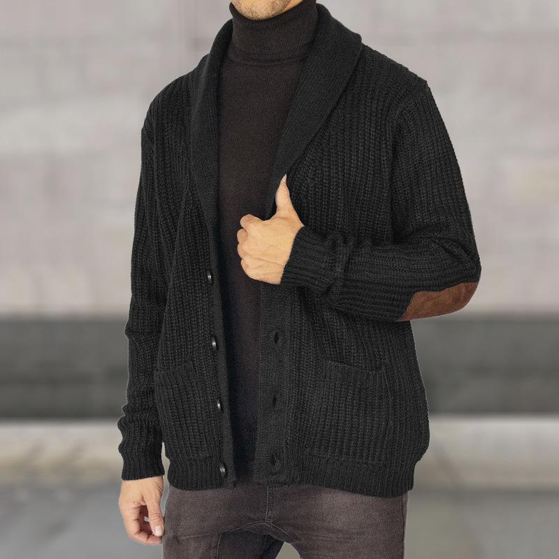 Men's Casual Suede Patchwork Lapel Long-Sleeved Knitted Cardigan 45333238M