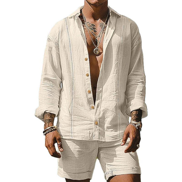 Men's Casual Cotton Linen Lapel Loose Long-Sleeved Shirt Shorts Vacation Set 67635232M