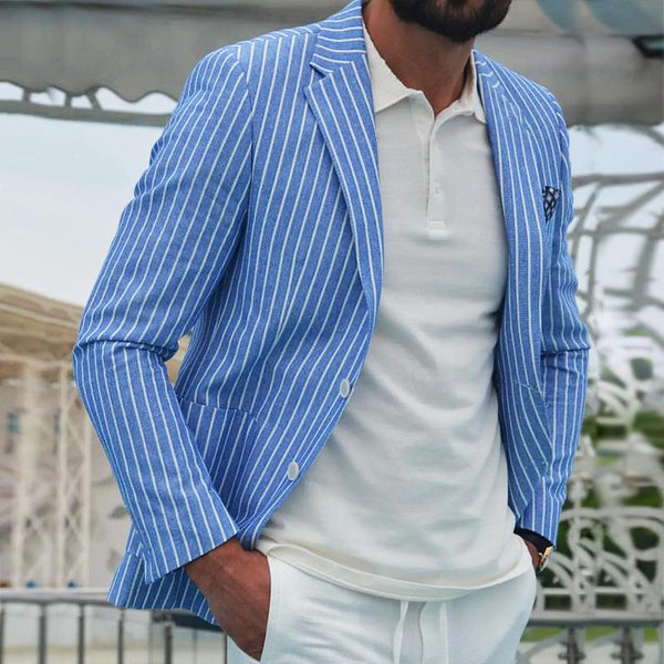 Men's Casual Retro Cotton and Linen Striped Blazer 95333583TO