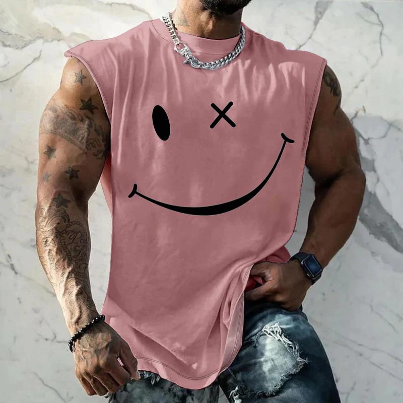 Men's Sports Loose Smiley Printed Crew Neck Tank Top 04348213Y