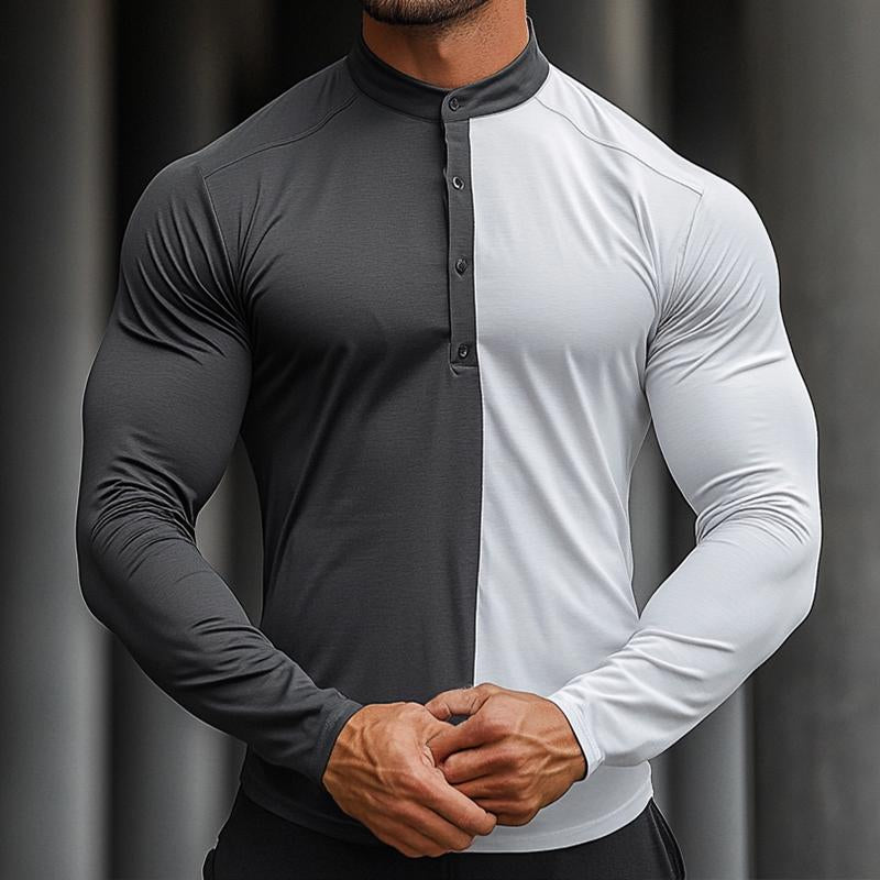 Men's Retro Casual Colorblock Stand Collar Long Sleeve Shirt 79537930TO