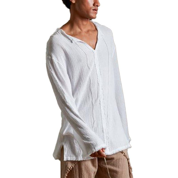 Men's Solid Color Tulum Style V-Neck Long-Sleeved T-Shirt 21802160Y