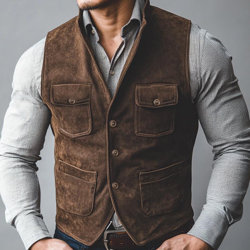 Men's Vintage Distressed Suede V-Neck Vest 78239841U