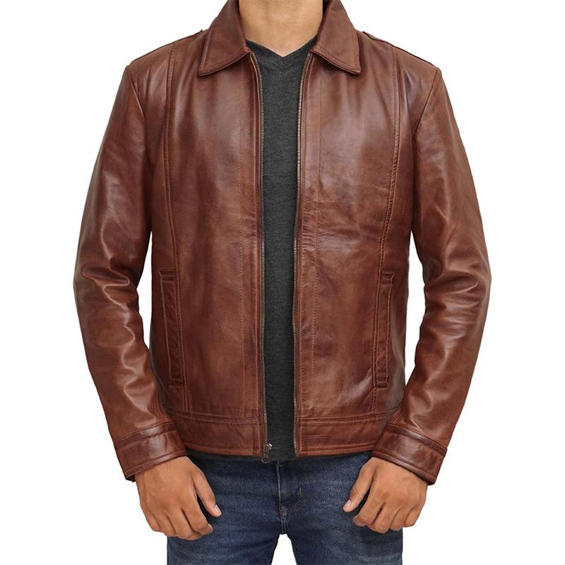 Men's Vintage Zipper Lapel Leather Jacket 10279530X