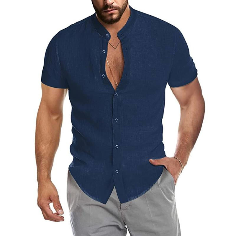 Men's Casual Cotton Blended Stand Collar Button Short Sleeve Shirt 60641282M
