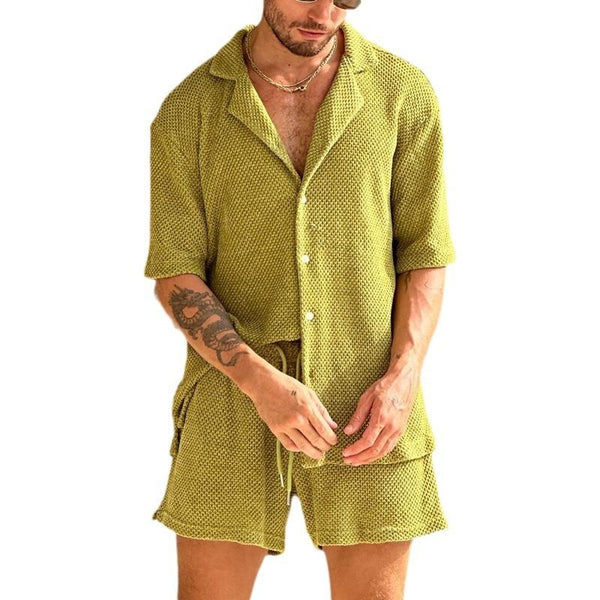 Men's Solid Loose Lapel Short Sleeve Shirt Shorts Casual Set 81473723Z