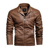 Men's Vintage Stand Collar Splicing Plush Zipper Slim Fit Motorcycle Leather Jacket 82254708M