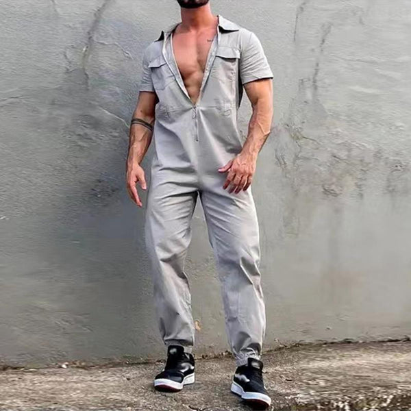 Men's Casual Solid Color Zip Chest Pocket Cargo Coverall Jumpsuit 01876552Y