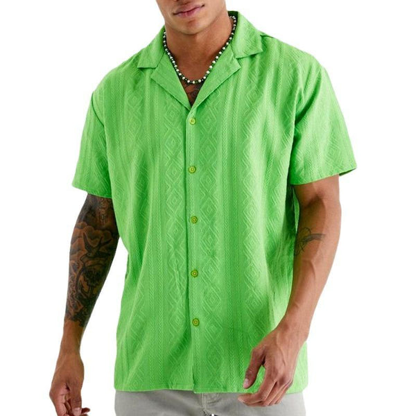 Men's Solid Color Jacquard Lapel Short Sleeve Loose Casual Shirt 41569908Z