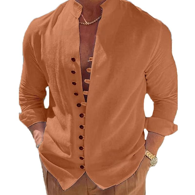 Men's Casual Solid Color Stand Collar Long Sleeve Shirt 41743279Y