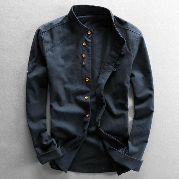 Men's Cotton and Linen Vintage Stand Collar Shirt 77017951U