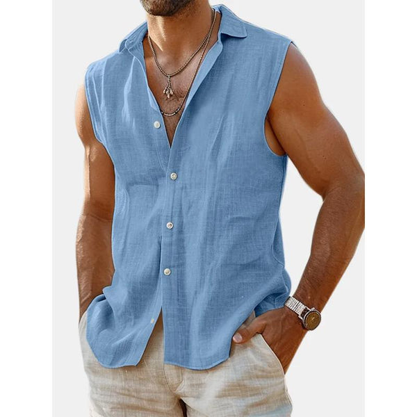Men's Solid Color Lapel Sleeveless Shirt 30973559Y