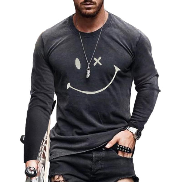 Men's Casual Smiley Printed Round Neck Long Sleeve T-Shirt 35598870Y