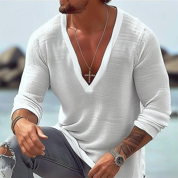 Men's Casual Cotton Linen V-neck Loose Long Sleeve T-shirt 77010446M