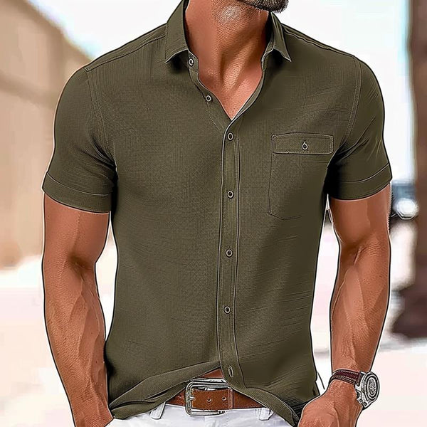 Men's Casual Cotton Linen Lapel Patch Pocket Slim Fit Short Sleeve Shirt 55745710M