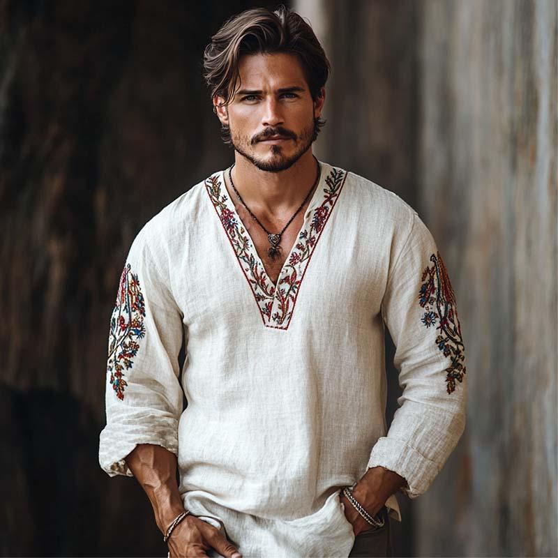 Men's Classic Vintage V-Neck Embroidered Linen Long Sleeve Shirt 89533212K