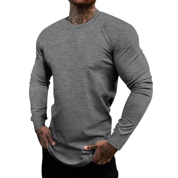 Men's Casual Cotton Blended Solid Color Round Neck Long Sleeve T-Shirt 95264800X