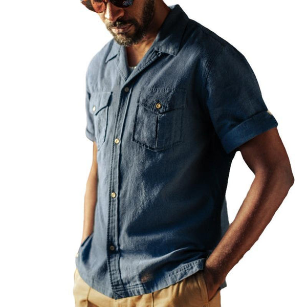 Men's Retro Cotton Blended Lapel Flap Pocket Short Sleeve Work Shirt 58015313M