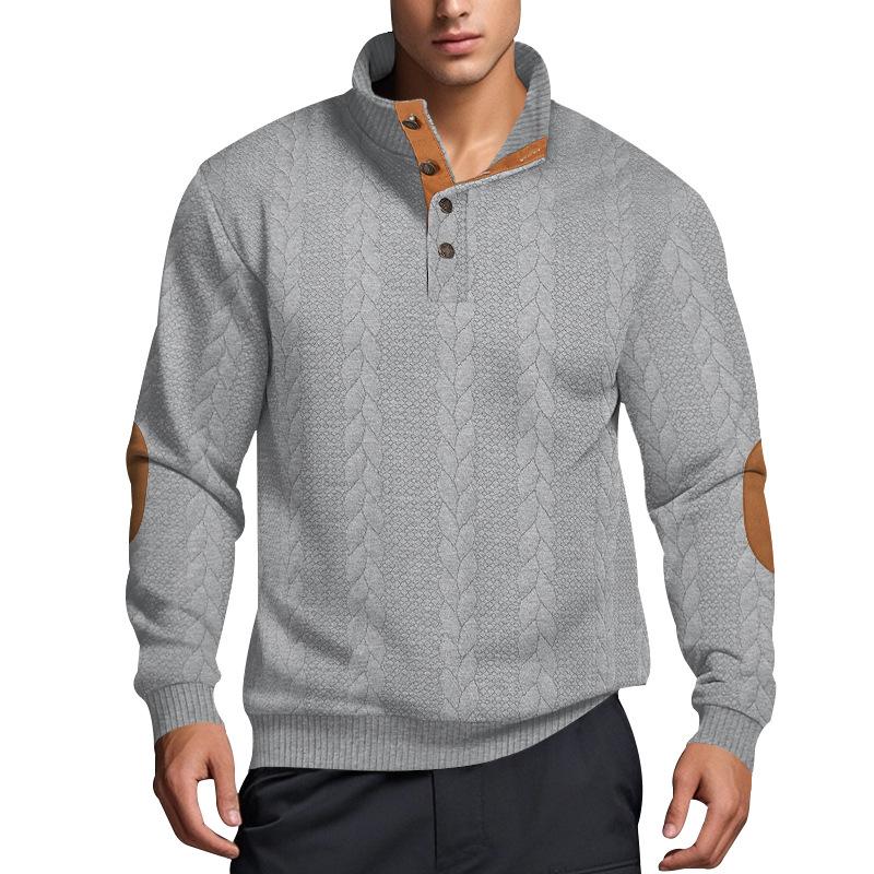 Men's Casual Jacquard Button Stand Collar Patchwork Long Sleeve Sweatshirt 73358660M