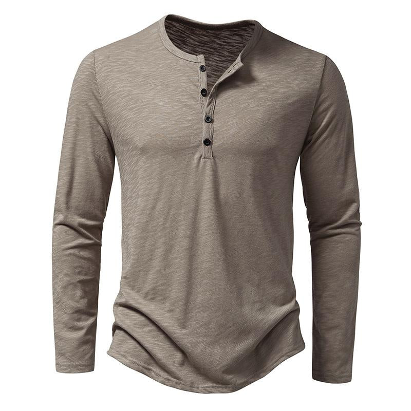 T-shirt casual da uomo con colletto Henley e maniche lunghe tinta unita 22687327Y