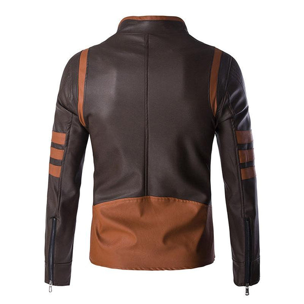 Men's Vintage Contrast Stand Collar Zipper Motorcycle Leather Jacket 44707249M