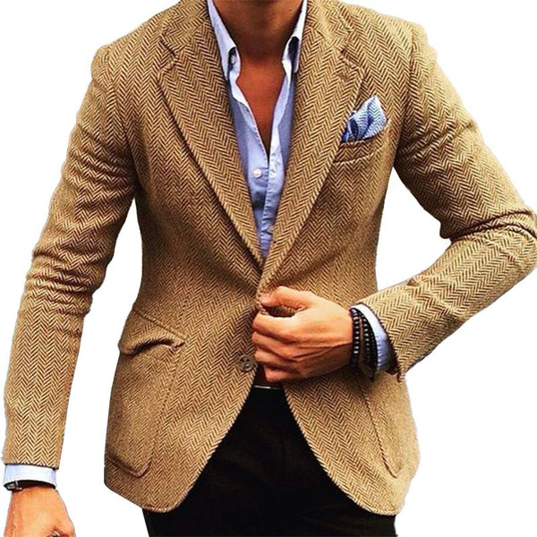 Men's Vintage Herringbone Wool Blend Lapel Single Breasted Blazer 84719153M
