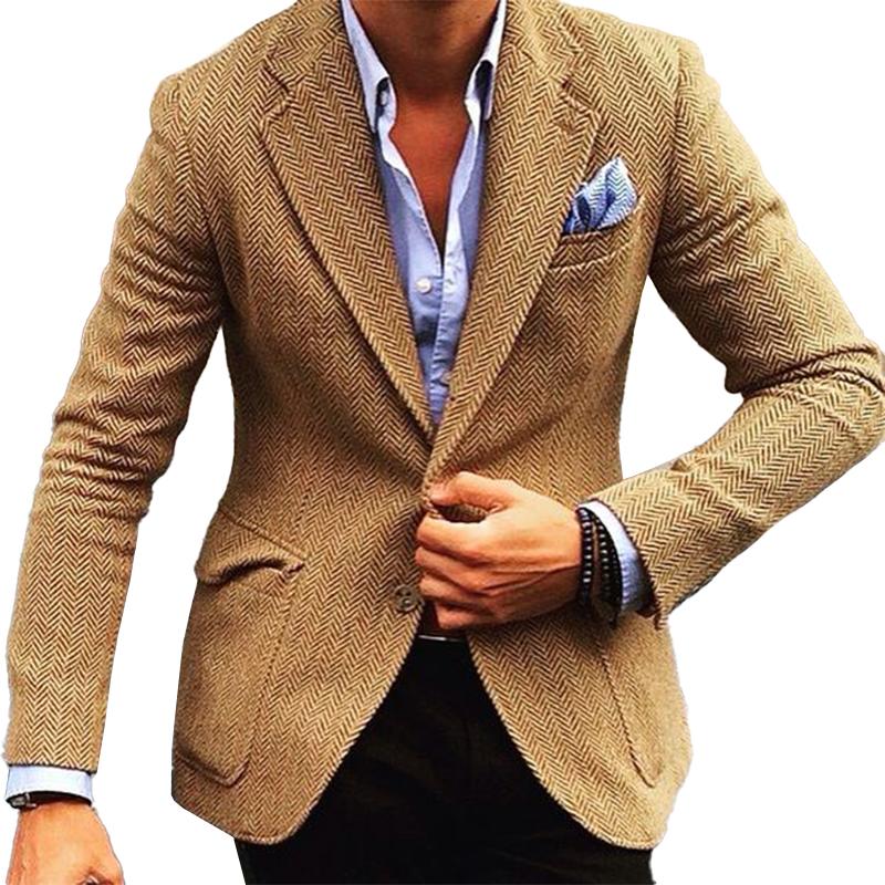 Men's Vintage Herringbone Lapel Single Breasted Blazer 84719153M