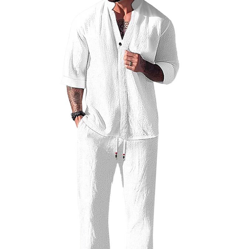 Loose Casual Solid Half Sleeve Shirt Trousers Set 76301440Y