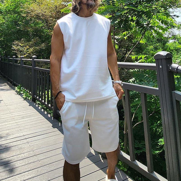 Men's Casual Solid Color Sleeveless Vest Shorts Sports Set 64925427Y