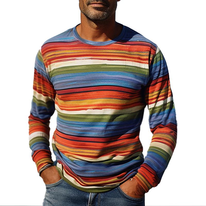 Men's Retro Rainbow Stripe Crew Neck T-Shirt 90276295X