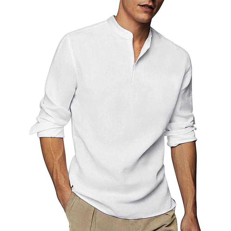 Men's Solid Loose Zipper Stand Collar Long Sleeve Shirt 07532463Z