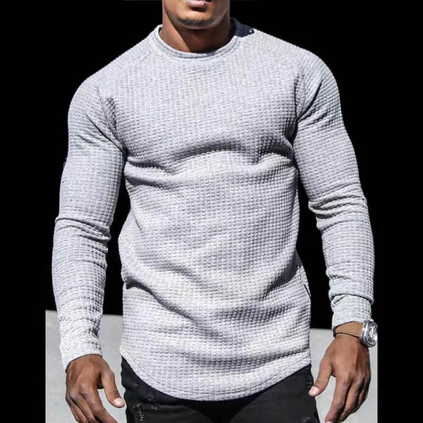 Men's Casual Solid Color Waffle Round Neck Long Sleeve T-Shirt 26370676Y