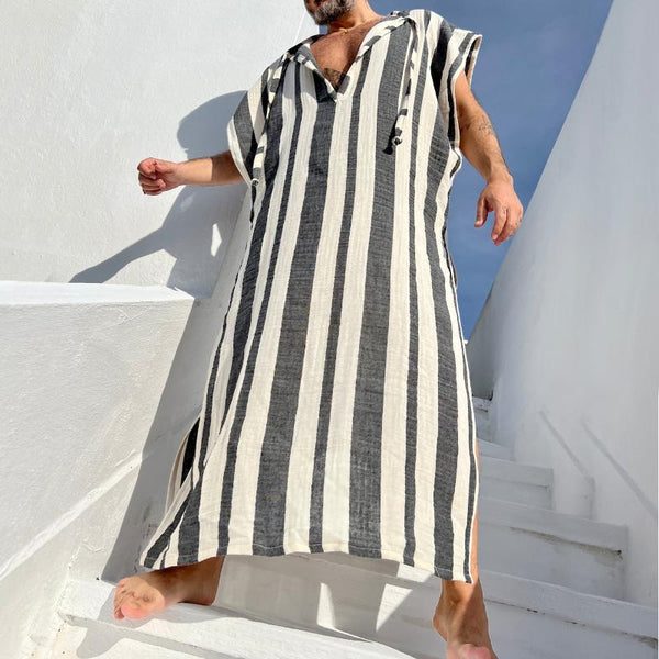 Men's Vintage Casual Striped Cotton and Linen Greek Robe 99569885TO