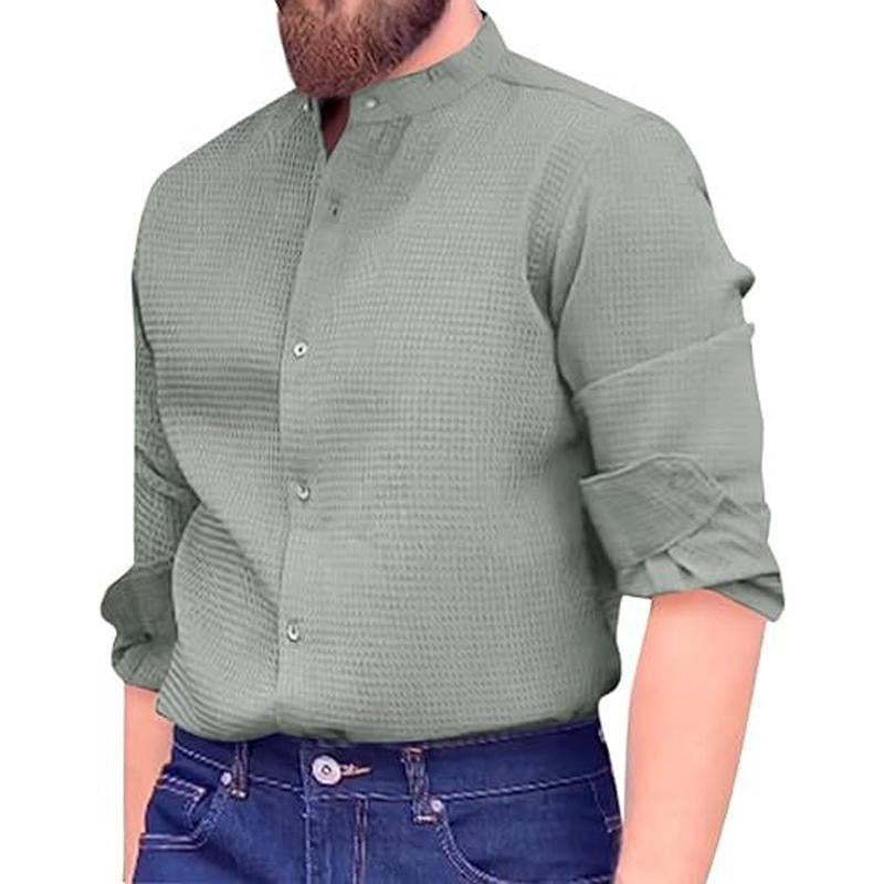 Men's Casual Waffle Stand Collar Long Sleeve Shirt 72107953M