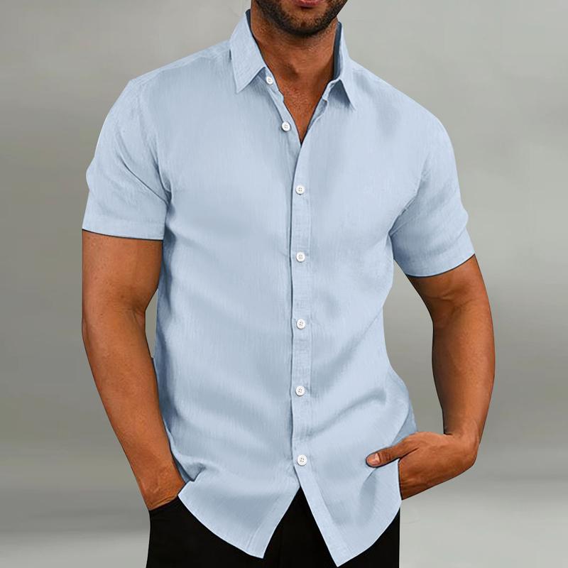 Men's Casual Cotton And Linen Solid Color Short Sleeved Shirt 35252025Y